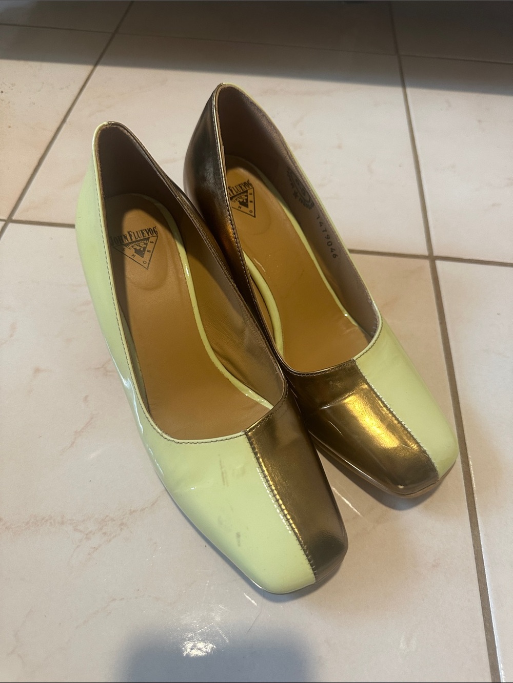 John Fluevog Two-Tone Patent Leather Pastel Green and Copper Pumps Size 6.5